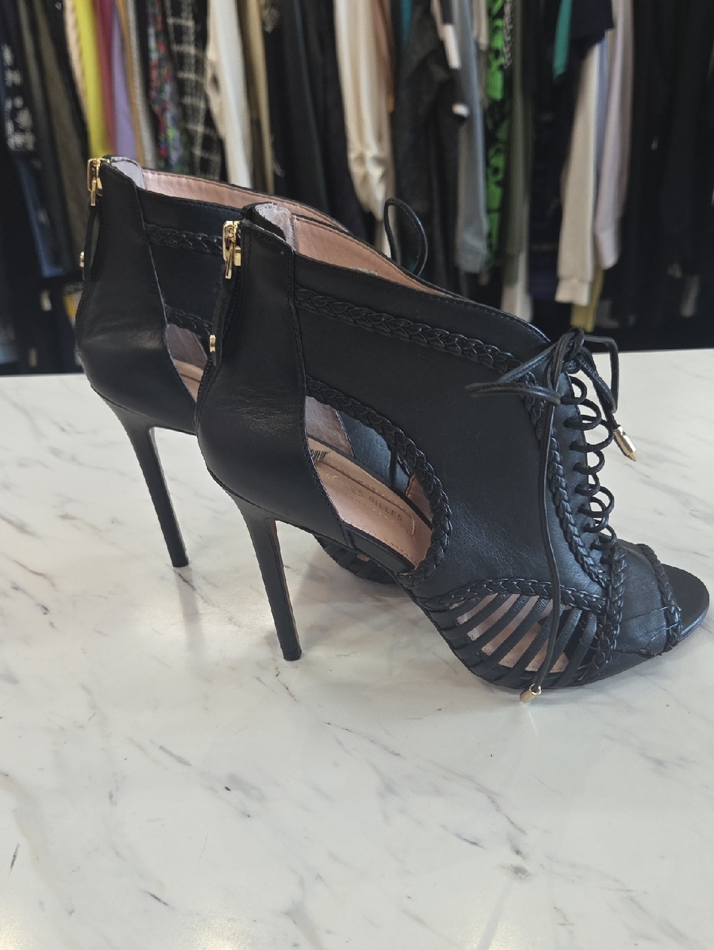 Avec Les Filles Black Braided Lace-Up Peep-Toe Stiletto Heels